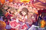  3girls :d ;d balloon brown_hair cape claw_pose eating elbow_gloves fangs garter_straps gloves green_eyes halloween_costume head_wings idolmaster idolmaster_cinderella_girls idolmaster_cinderella_girls_starlight_stage jack-o&#039;-lantern jewelry multiple_girls nail_polish official_art ogata_chieri one_eye_closed open_mouth party sakuma_mayu short_hair smile string_of_flags striped striped_legwear table tada_riina thigh-highs twintails vampire_costume wrist_cuffs 