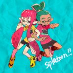  1boy 1girl bike_shorts blue_background copyright_name domino_mask green_eyes green_hair inkling kima mask paper_background pointy_ears red_eyes redhead shirt shoes sidelocks simple_background smile sneakers splatoon t-shirt tentacle_hair topknot 