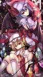  2girls ascot bat_wings blonde_hair blue_hair bow broken_glass brooch convenient_leg crystal flandre_scarlet glass hat hat_bow hat_ribbon highres janne_cherry jewelry laevatein long_hair mob_cap multiple_girls puffy_short_sleeves puffy_sleeves red_eyes remilia_scarlet ribbon short_sleeves siblings side_ponytail sisters skirt skirt_set smile touhou wings 