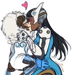  2girls arm_around_waist black_hair blue_dress blue_gloves blush closed_eyes coat cyborg dark_skin dress forehead_jewel fur_collar glasses gloves headgear hood interracial kathleen_lim kiss long_hair mechanical_arm mei_(overwatch) multiple_girls overwatch sketch symmetra_(overwatch) waist_grab winter_clothes winter_coat yuri 