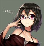  1girl bare_shoulders black_hair choker dated gia glasses looking_at_viewer original red_eyes semi-rimless_glasses short_hair signature simple_background smile solo upper_body 