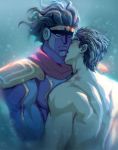  1boy birthmark blurry closed_eyes earrings jewelry joestar_birthmark jojo_no_kimyou_na_bouken kuujou_joutarou light male_focus open_mouth shirtless stand_(jojo) star_platinum stud_earrings yaoi yuminoyami 