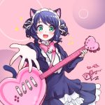  1girl animal_ears blush bow cat_ears cat_tail cyan_(show_by_rock!!) green_eyes guitar highres instrument looking_at_viewer musical_note open_mouth shirosaba47 short_hair show_by_rock!! smile solo tail 