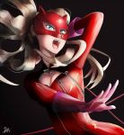  1girl arm_up blonde_hair blue_eyes bodysuit breasts cat_mask cleavage earrings gloves jewelry long_hair mask open_mouth persona persona_5 signature solo stefv stud_earrings takamaki_ann upper_body whip zipper 