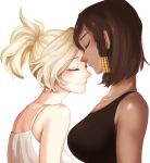  2girls bare_shoulders blonde_hair blush braid breasts brown_hair closed_eyes closed_mouth collarbone eyebrows eyebrows_visible_through_hair face-to-face hair_tubes large_breasts mercy_(overwatch) multiple_girls overwatch perio_67 pharah_(overwatch) pink_lips ponytail short_hair side_braids simple_background sleeveless smile tank_top white_background yuri 