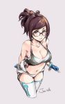  1girl 2016 artist_name bare_shoulders beads bikini black-framed_eyewear blue_gloves breasts brown_eyes brown_hair cleavage collarbone dated fingerless_gloves fur_trim gloves hair_bun hair_ornament hair_stick jon_tw large_breasts legs_together mei_(overwatch) navel open_mouth overwatch simple_background solo swimsuit thigh-highs 