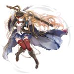  1girl ascot bandaid bandaid_on_face bangs black_coat black_hat blonde_hair blue_skirt boots breasts brown_boots brown_eyes closed_mouth coat feathers full_body granblue_fantasy hat hat_feather holding holding_sword holding_weapon knees_together_feet_apart long_hair long_sleeves medium_breasts military military_uniform miniskirt monica_(granblue_fantasy) open_clothes open_coat pleated_skirt red_legwear sheath shirt simple_background skirt smile solo sword thigh-highs twintails uniform unsheathing weapon white_background white_shirt wide_sleeves yukihiko_(tyabobo) zettai_ryouiki 