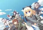  6+girls animal_ears artist_request blonde_hair blue_eyes brown_eyes character_request clouds cloudy_sky constantia_cantacuzino green_eyes grete_m_gollob grey_hair hair_over_one_eye hanna_rudel helma_lennartz holding holding_weapon inufusa_yuno long_hair multiple_girls nishizawa_yoshiko open_mouth panties short_hair sky strike_witches tail underwear weapon white_panties world_witches_series 