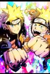  2boys barefoot_sandals blonde_hair blue_eyes clenched_hand dual_persona forehead_protector from_above hand_on_hip highres letterboxed looking_at_viewer male_focus multiple_boys naruto naruto_shippuuden open_mouth sandals smile uzumaki_naruto whisker_markings yozudami 
