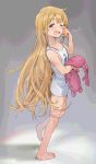  1girl bare_legs bare_shoulders barefoot blonde_hair blush brown_eyes clothes_writing collarbone commentary_request futaba_anzu idolmaster idolmaster_cinderella_girls long_hair looking_at_viewer messy_hair mossi one_eye_closed open_mouth rubbing_eyes shirt sleepy sleeveless solo standing stuffed_animal stuffed_bunny stuffed_toy t-shirt tank_top tears 