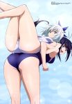  2girls absurdres ass back-to-back blue_hair competition_swimsuit highres kaminashi_nozomi keijo!!!!!!!! legs locked_arms looking_back megami miyata_sayaka multiple_girls official_art one-piece_swimsuit open_mouth swimsuit white_hair 