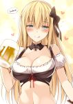  1girl alcohol anchor anchor_earrings bangs beer beer_mug bismarck_(kantai_collection) black_bow blonde_hair blue_eyes blush bow breasts cleavage cross detached_sleeves dirndl earrings german german_clothes hair_bow half-closed_eyes heart jewelry kantai_collection licking_lips long_hair looking_at_viewer medium_breasts navel oota_yuuichi red_ribbon ribbon smile solo tongue tongue_out upper_body 