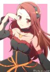  1girl black_dress black_hairband brown_eyes brown_hair collarbone detached_sleeves dress hairband hand_in_hair idolmaster jewelry long_hair minase_iori neck_garter necklace ookami_maito smile solo strapless strapless_dress 