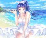  1girl beach blue_hair blush breasts cleavage dress gorua_(youce01) long_hair looking_at_viewer love_live! love_live!_sunshine!! matsuura_kanan one_eye_closed open_mouth ponytail revision shore smile solo violet_eyes white_dress 