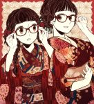  3girls adjusting_glasses black_eyes black_hair bow braid flat_color floral_print furisode glasses hair_bow hanaze high_contrast japanese_clothes kimono light_particles long_hair looking_at_viewer looking_to_the_side multiple_girls obi original sash short_hair smile 