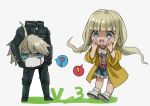  ! 1boy 1girl ? ahoge bangs bikini bikini_top blue_eyes blunt_bangs bracelet carrying_under_arm chibi dangan_ronpa dark_skin ganguro green_eyes grey_background hands_on_own_cheeks hands_on_own_face headless jacket jewelry keebo long_hair low_twintails new_dangan_ronpa_v3 okuragon robot silver_hair simple_background skirt spoken_exclamation_mark spoken_question_mark surprised swimsuit twintails white_hair yellow_jacket yonaga_angie 