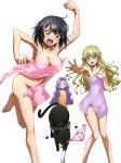  3girls anna_clement arm_up armpits black_hair blonde_hair blue_eyes breasts brown_eyes cat cleavage code_geass:_boukoku_no_akito collarbone groin highres kousaka_ayano leila_(code_geass) long_hair medium_breasts mouth_hold multiple_girls naked_towel navel open_mouth orange_towel panties panties_in_mouth pink_towel purple_hair purple_towel short_hair simple_background towel underwear white_background 