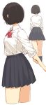  1girl arm_grab arms_behind_back black_hair bow bowtie collared_shirt cropped_legs from_behind from_side highres long_sleeves looking_to_the_side multiple_views nikotamu original pleated_skirt school_uniform shirt short_hair skirt sleeves_pushed_up white_background 