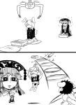  2koma 3girls anger_vein animal_ears blazer carrot_necklace chessboard chinese_clothes comic crane_game crescent crescent_moon_pin greyscale highres inaba_tewi jacket junko_(touhou) long_hair mallet monochrome multiple_girls necktie nicetack pleated_skirt polos_crown rabbit_ears reisen_udongein_inaba sidelocks silent_comic simple_background skirt socks tabard throwing touhou 