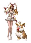  1girl absurdres animal_ears blonde_hair bow collar crown dog dospi earrings fingerless_gloves gloves hair_bow highres jewelry long_hair puffy_sleeves rabbit_ears red_eyes simple_background welsh_corgi white_background 