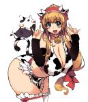  1girl \m/ animal_costume apron bell bell_collar bent_over bikini blonde_hair blue_eyes breasts cleavage collar cow cow_bell cow_costume cow_horns cow_print cow_tail curvy detached_sleeves deviruchi fake_horns hair_ribbon hairband horns large_breasts long_hair low-tied_long_hair midriff ragnarok_online red_ribbon ribbon solo swimsuit tail thigh-highs waist_apron white_legwear whitesmith xration 