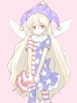  1girl american_flag_legwear american_flag_shirt blonde_hair clownpiece fairy_wings frilled_shirt_collar frills hat jack_(wkm74959) jester_cap long_hair neck_ruff red_eyes simple_background smile solo touhou very_long_hair wings 