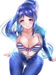  1girl :d bikini blue_hair blush breasts gorua_(youce01) large_breasts long_hair looking_at_viewer love_live! love_live!_sunshine!! matsuura_kanan open_mouth ponytail revision simple_background smile solo striped striped_bikini swimsuit violet_eyes wetsuit 