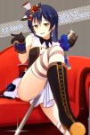  1girl 2015 birthday black_gloves blue_flower blue_hair character_name dated earrings gloves hair_ornament highres jewelry long_hair looking_at_viewer love_live! love_live!_school_idol_project microphone nanotsuki solo sonoda_umi striped striped_legwear thigh-highs yellow_eyes 