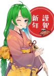  1girl 2019 ;q ahoge arrow bangs blue_eyes blush boar braid chinese_zodiac eyebrows_visible_through_hair gradient_kimono green_hair hamaya hat highres japanese_clothes kantai_collection kimono long_braid long_hair long_sleeves looking_at_viewer mole mole_under_mouth new_year obi one_eye_closed peaked_cap samiharu sash single_braid smile solo tongue tongue_out very_long_hair wide_sleeves year_of_the_pig yuugumo_(kantai_collection) 