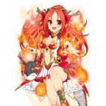  1girl breasts breathing_fire character_request cleavage creature dragon_tail facial_mark fire forehead_mark kusaka_souji leg_lift long_hair looking_at_viewer navel navel_cutout official_art open_mouth outstretched_arm outstretched_hand red_eyes redhead round_teeth solo tail teeth transparent_background uchi_no_hime-sama_ga_ichiban_kawaii 