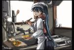  1girl black_eyes black_hair chopsticks commentary_request cooking food highres houshou_(kantai_collection) kantai_collection kappougi kitchen ladle long_hair looking_at_viewer obentou seitei_(04seitei) stove twitter_username 