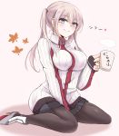  1girl ayunosu blonde_hair blue_eyes blush breasts cup eyebrows eyebrows_visible_through_hair full_body graf_zeppelin_(kantai_collection) iron_cross kantai_collection looking_at_viewer pantyhose sitting smile solo sweater twintails 