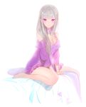 1girl bangs bare_legs barefoot between_legs blunt_bangs blush_scarlet breasts cleavage closed_mouth colored_eyelashes crystal detached_sleeves dress elf emilia_(re:zero) eyebrows eyebrows_visible_through_hair frilled_dress frills grey_hair hair_down long_hair looking_at_viewer medium_breasts nightgown on_bed pointy_ears purple_dress re:zero_kara_hajimeru_isekai_seikatsu revision short_dress silver_hair simple_background sitting sketch solo violet_eyes white_background 