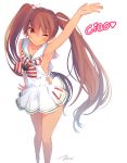  1girl ;) arm_up armpits bare_arms bare_legs bare_shoulders bow brown_eyes brown_hair closed_mouth dress eyebrows eyebrows_visible_through_hair hair_ribbon highres kantai_collection libeccio_(kantai_collection) light_smile looking_at_viewer looking_up one_eye_closed ribbon sailor_dress simple_background sleeveless smile solo striped striped_bow tebi_(tbd11) twintails white_background 