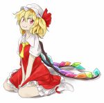  1girl ascot between_legs blonde_hair collarbone fang fang_out flandre_scarlet hand_between_legs hat looking_at_viewer mob_cap no_shoes red_eyes red_skirt shadow short_hair short_sleeves side_ponytail simple_background sitting skirt skirt_set smile socks solo touhou tyouseki v_arms vest wariza white_background wings 