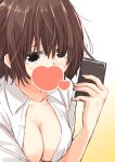 1girl black_eyes breasts brown_hair cellphone cleavage collared_shirt heart highres large_breasts leaning_forward nikotamu no_bra open_clothes open_shirt original phone self_shot shirt short_hair sketch smartphone solo upper_body 