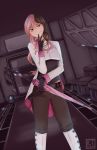  1girl belt black_gloves boots brown_eyes brown_hair dutch_angle finger_to_mouth gloves heterochromia ktchewy multicolored_hair neo_(rwby) pants pink_eyes pink_hair rwby smile solo tight tight_pants umbrella 