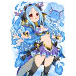  1girl blue_hair bracer character_request creature dragon_tail facial_mark fire forehead_mark kusaka_souji long_hair navel official_art outstretched_arm outstretched_hand red_eyes skirt solo tail thigh-highs transparent_background uchi_no_hime-sama_ga_ichiban_kawaii 