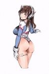  1girl 2016 adapted_costume alternate_breast_size artist_name ass bangs bodysuit bracer breasts brown_eyes brown_hair bubblegum cowboy_shot d.va_(overwatch) dated facepaint facial_mark from_behind gloves headphones high_collar highleg highleg_leotard jon_tw large_breasts legs_together leotard long_hair long_sleeves looking_at_viewer looking_back open_mouth overwatch parted_lips pauldrons pilot_suit pink_lips ribbed_bodysuit shoulder_pads smile solo thong thong_leotard whisker_markings white_gloves 