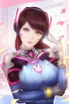  1girl alternate_breast_size bangs bodysuit bracer breasts brown_eyes brown_hair bunny_print chinese closed_mouth d.va_(overwatch) facepaint facial_mark gloves hand_to_head hand_up headphones large_breasts lips lipstick long_hair long_sleeves makeup overwatch pauldrons pilot_suit pink_lipstick ribbed_bodysuit shoulder_pads skin_tight smile solo turtleneck upper_body watermark web_address whisker_markings white_gloves 