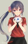 1girl akebono_(kantai_collection) alternate_costume bell bowl commentary_request flower grey_background hair_bell hair_between_eyes hair_flower hair_ornament highres kantai_collection long_hair looking_at_viewer purple_hair side_ponytail simple_background solo tebi_(tbd11) violet_eyes 