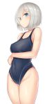  1girl blue_eyes breasts competition_swimsuit cossory covered_navel eyebrows eyebrows_visible_through_hair hair_ornament hair_over_one_eye hairclip hamakaze_(kantai_collection) highres kantai_collection large_breasts looking_at_viewer navel one-piece_swimsuit pout short_hair simple_background solo standing swimsuit thighs white_background white_hair 