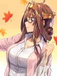  1girl absurdres ahoge alternate_costume autumn_leaves baffu bag bangs beige_background bespectacled black-framed_eyewear blush breasts brown_hair buttons casual cleavage closed_mouth collared_shirt double_bun dress_shirt eyebrows eyebrows_visible_through_hair glasses hairband headgear highres holding kantai_collection kongou_(kantai_collection) large_breasts leaf long_sleeves maple_leaf outline outstretched_arm pink_jacket plastic_bag profile shirt sidelocks smile solo upper_body violet_eyes white_shirt 