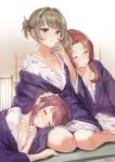  3girls artist_name blue_eyes breasts brown_hair cleavage closed_eyes collarbone green_eyes hair_intakes hair_over_shoulder hand_on_another&#039;s_head heterochromia idolmaster idolmaster_cinderella_girls idolmaster_cinderella_girls_starlight_stage japanese_clothes kawashima_mizuki kimono lap_pillow looking_at_viewer meto31 mifune_miyu mole mole_under_eye multiple_girls short_hair sleeping sleeping_upright smile takagaki_kaede tatami tied_hair 