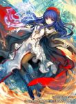  1girl alternate_costume blue_eyes blue_hair book boots cape copyright_name dress elbow_gloves fire_emblem fire_emblem:_fuuin_no_tsurugi fire_emblem_cipher gloves hat holding holding_book jewelry knee_boots lilina long_hair looking_at_viewer magic pantyhose smile solo white_dress white_gloves 