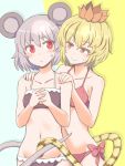  2girls animal_ears bikini blonde_hair blush breasts collarbone commentary_request grey_hair groin hands_clasped hands_on_another&#039;s_shoulders intertwined_tails jack_(wkm74959) mouse_ears multiple_girls navel nazrin red_eyes short_hair smile swimsuit tail tareme tiger_tail toramaru_shou touhou two-tone_background yuri 