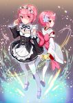  2girls apron blush breasts cleavage detached_sleeves flower from_behind full_body glowing_horns hair_flower hair_ornament hair_twirling highres light_frown maid maid_apron maid_headdress mary_janes multiple_girls parted_lips pink_eyes pink_hair ram_(re:zero) re:zero_kara_hajimeru_isekai_seikatsu sandals shoes small_breasts thigh-highs underbust white_legwear whitehee93 wide_sleeves x_hair_ornament younger 