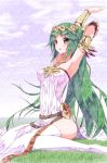  1girl aramachi breasts dress green_eyes green_hair highres kid_icarus kid_icarus_uprising long_hair looking_at_viewer open_mouth palutena side_slit sitting smile solo white_dress white_legwear 