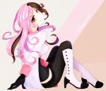  1girl arm_support black_gloves boots breasts brown_eyes brown_hair character_name gloves head_tilt heterochromia long_hair looking_back messy_hair neo_(rwby) pants pink_eyes pink_hair rwby sitting smile solo tight tight_pants 