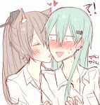 !? 2girls animal_ears blush brown_hair cat_ears closed_eyes collarbone collared_shirt constricted_pupils ear_blush ear_clip embarrassed face_licking green_hair hair_between_eyes hair_ornament hairclip kantai_collection kumano_(kantai_collection) kvlen licking long_hair multiple_girls nose_blush open_mouth ponytail shirt sketch sound_effects surprised suzuya_(kantai_collection) sweat tongue tongue_out triangle_mouth upper_body white_background white_shirt wing_collar yuri 